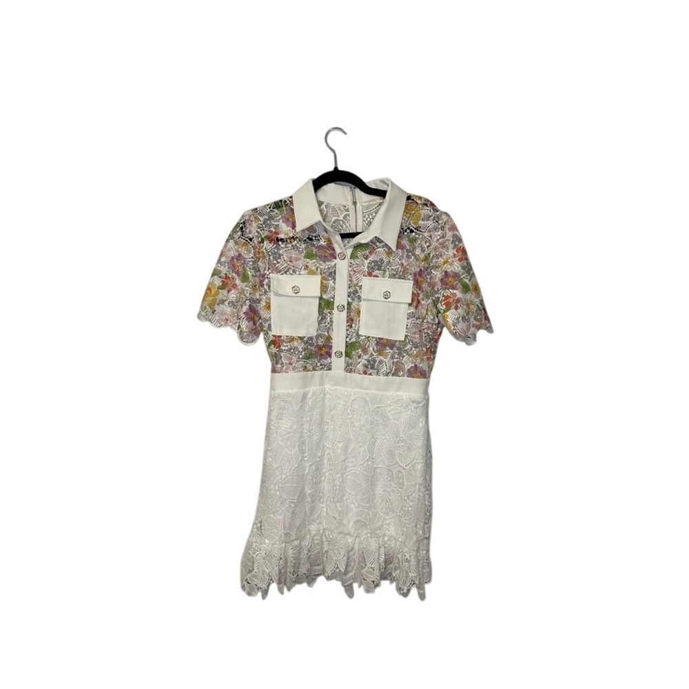 U Peach Floral Lace Mini Dress White Collar Short Sleeve Party‎ Cocktail Medium